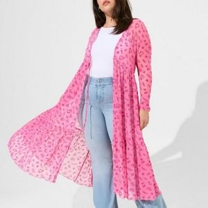Torrid Size 0 Betsey Johnson Mesh Tie Front Long Sleeve Pink Kimono